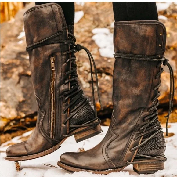 【COLOR iN ID】Lace tie long boots Roscoe Black Combat Thigh High Boots Iridescent Rhinestone